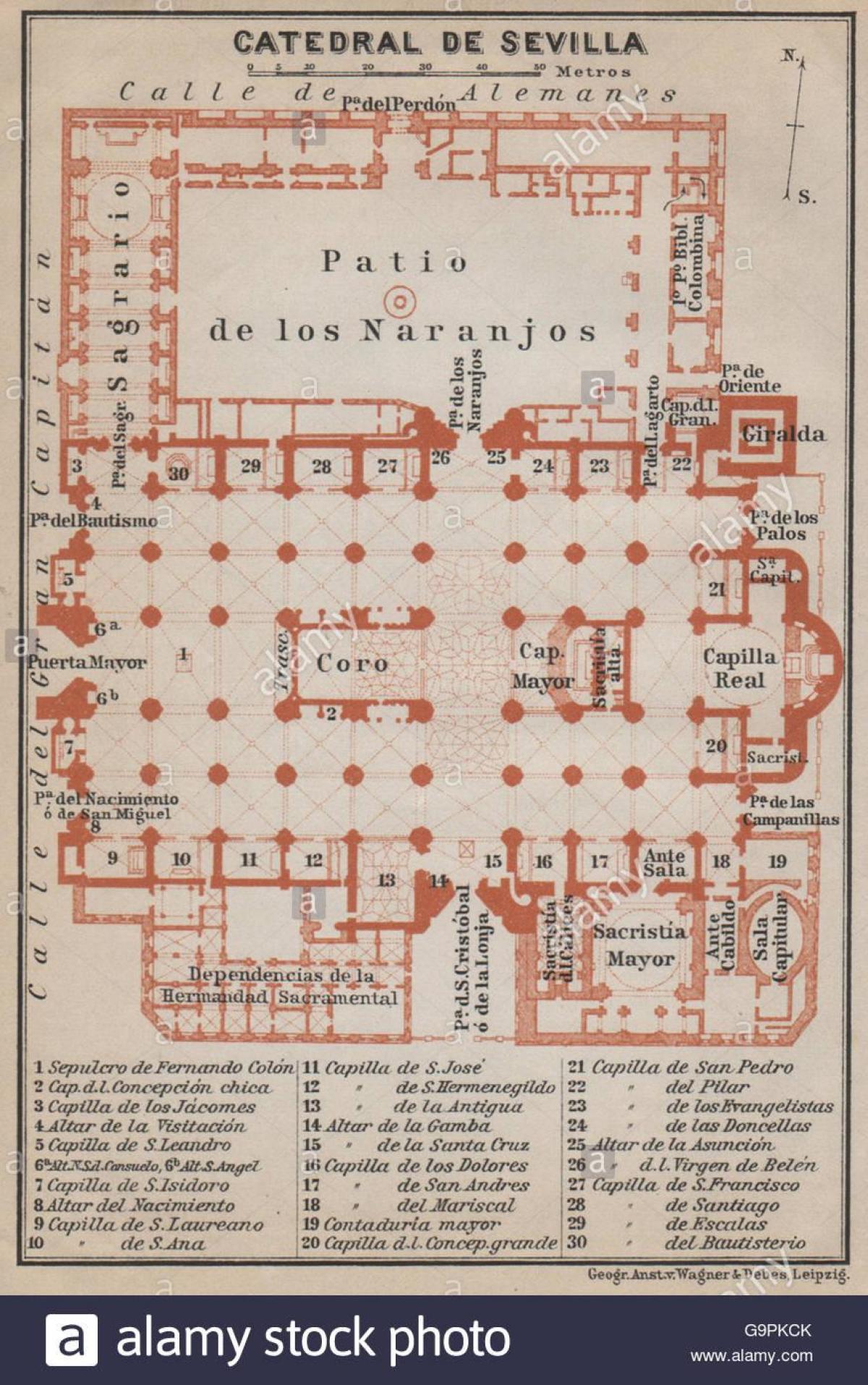 kort over domkirken i Sevilla